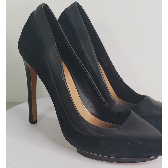 Mark and James Badgley Mischka Black Leather Suede Pointed Toe Pumps Heels 7.5 - Picture 11 of 11